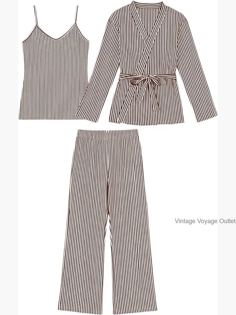 Soft Cotton Pajama Set Medium Striped Wrap Top Camisole Wide Leg Pants